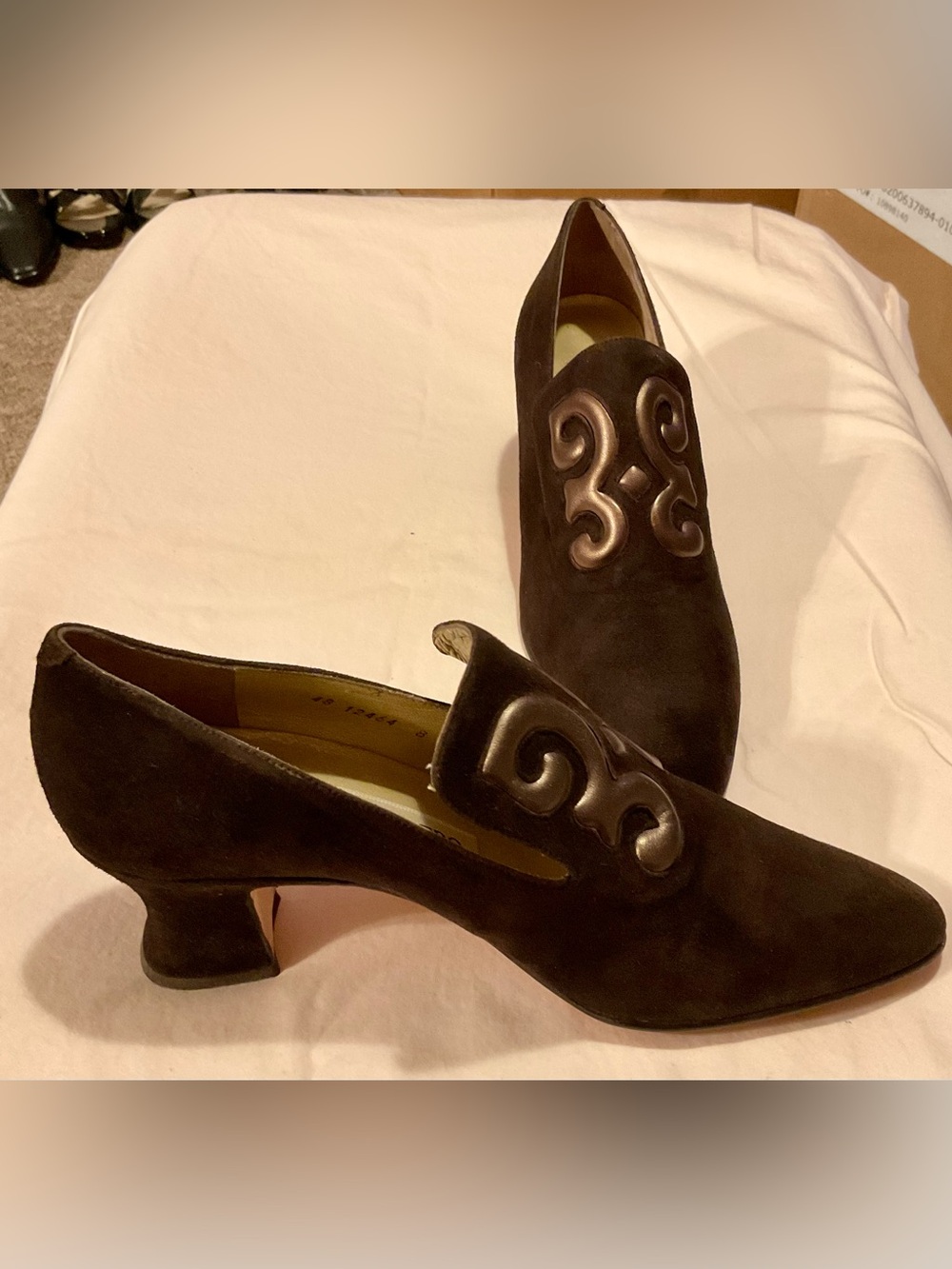 Martinez Valero Vintage Brown Suede Pumps with Bronze Metallic Scroll Applique